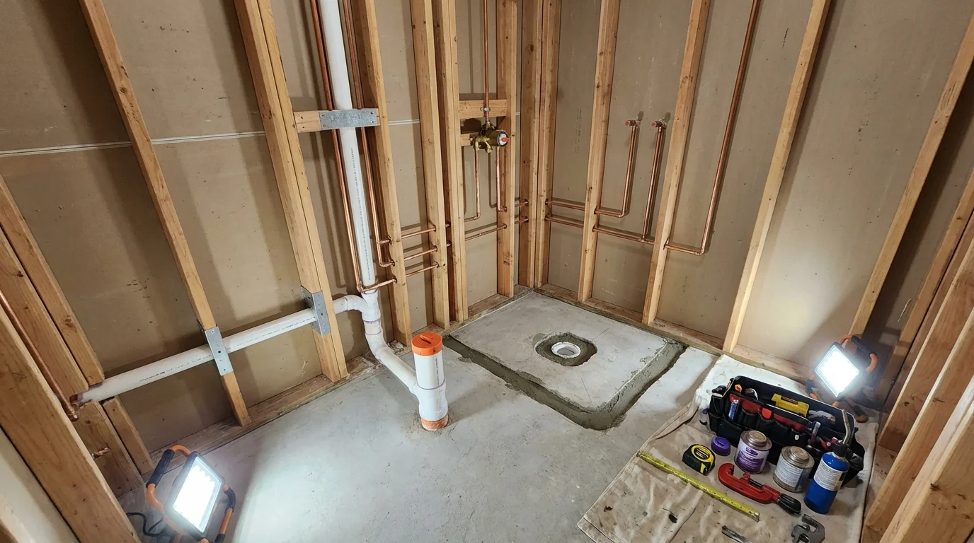Bathroom rough-in plumbing during remodel by Johns Plumbing LLC in Alfred