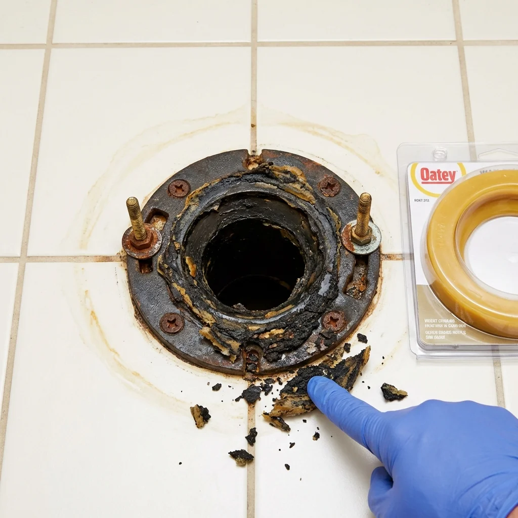 Failed wax ring showing water seepage at the base of a toilet in a Alfred, ME home