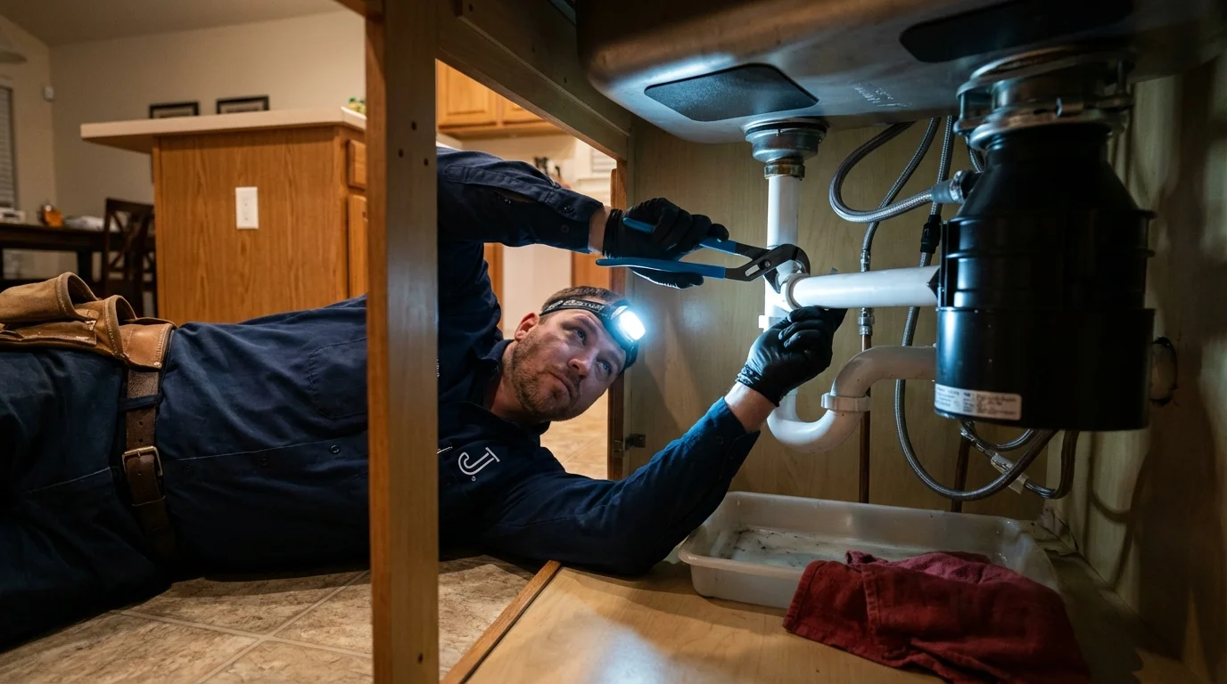P-trap and supply line connections under a kitchen sink showing a common leak point in Alfred, ME